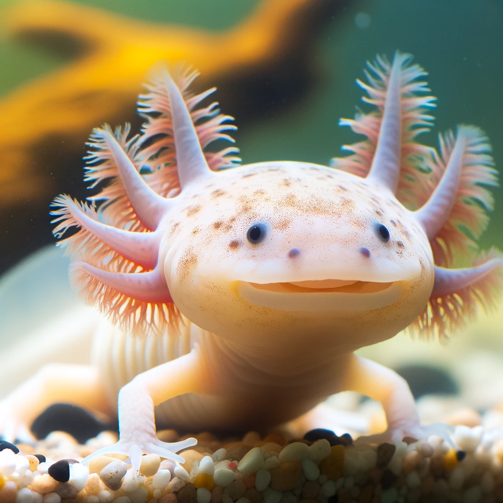 An-image-of-an-Axolotl-showcasing-its-unique-features-like-external-gills-and-a-smiling-face-in-a-freshwater-aquatic-environment.